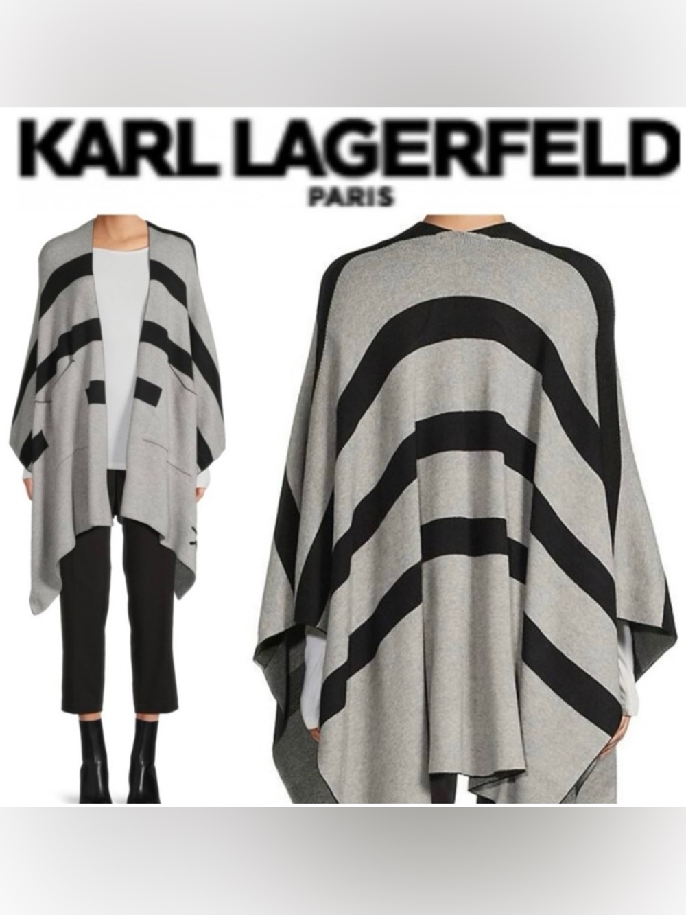 Karl Lagerfeld Gray and Black Striped Ruana